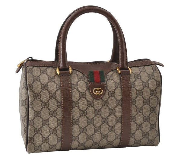 Authentic GUCCI Web Sherry Line Hand Boston Bag GG PVC Leather Brown Junk 4802I