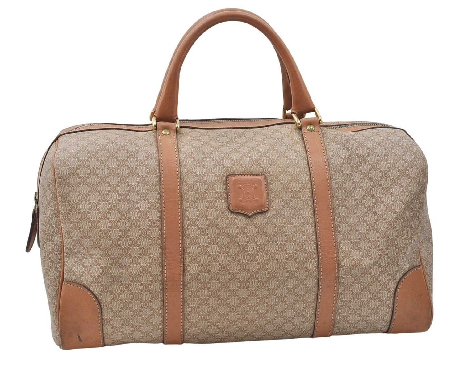 Authentic CELINE Macadam Blason Pattern Boston Hand Bag PVC Leather Beige 4803D