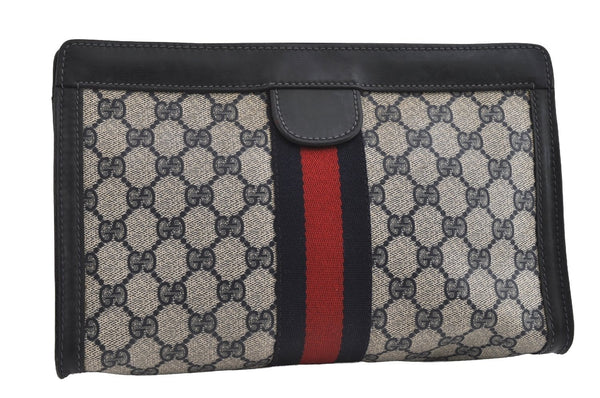 Authentic GUCCI Sherry Line Clutch Hand Bag Purse GG PVC Leather Navy Blue 4806I