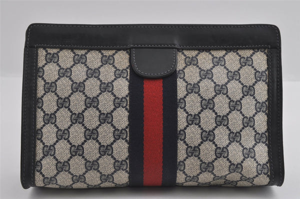 Authentic GUCCI Sherry Line Clutch Hand Bag Purse GG PVC Leather Navy Blue 4806I