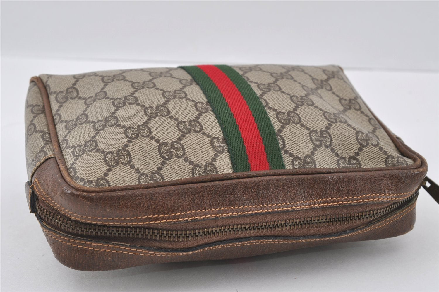 Authentic GUCCI Web Sherry Line Clutch Hand Bag Purse GG PVC Leather Brown 4820I