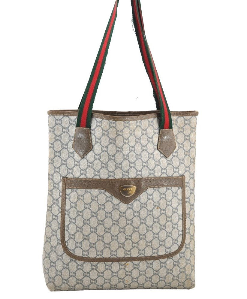 Authentic GUCCI Web Sherry Line GG Plus Shoulder Tote Bag PVC Leather Gray 4821I