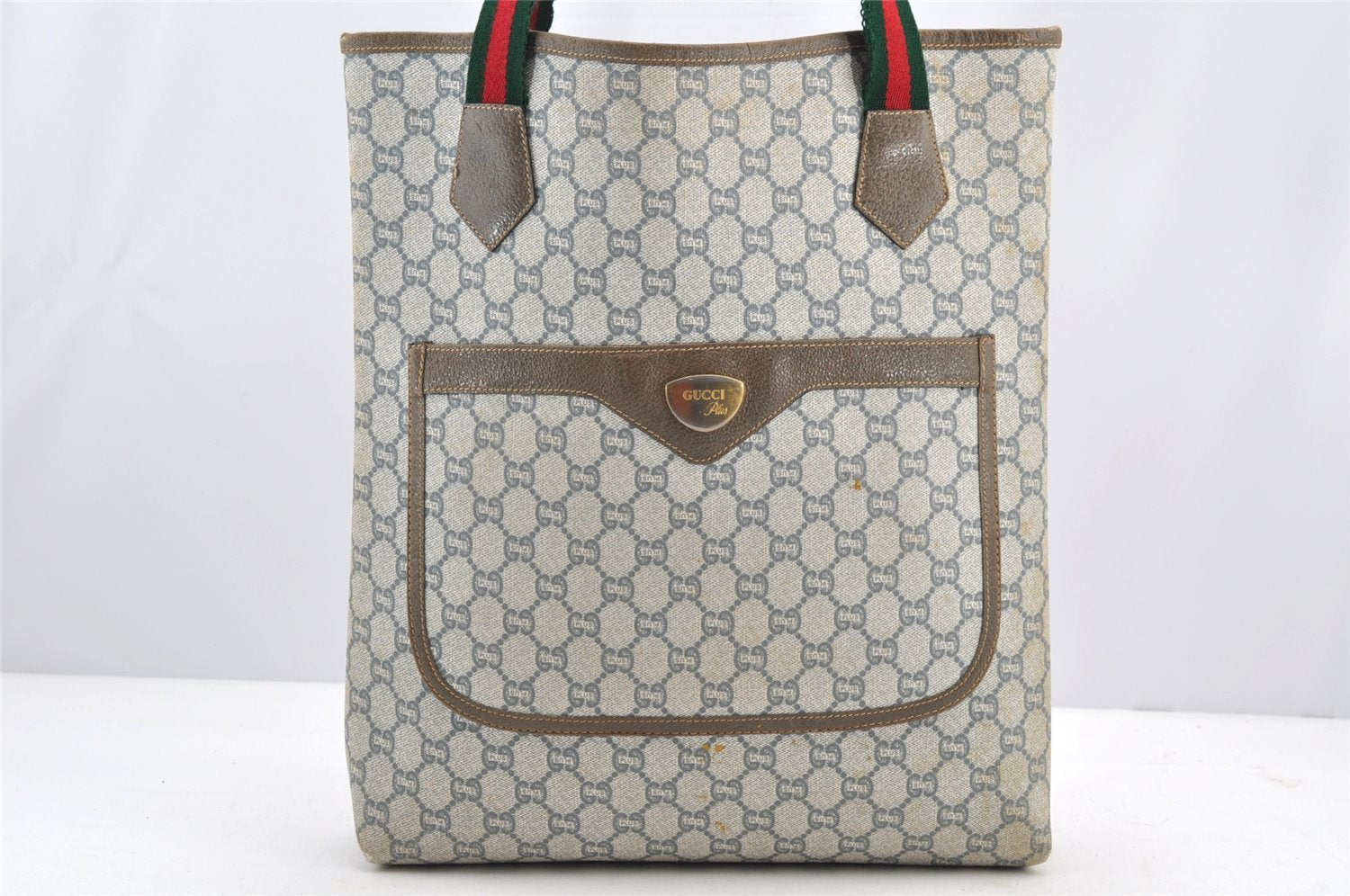 Authentic GUCCI Web Sherry Line GG Plus Shoulder Tote Bag PVC Leather Gray 4821I