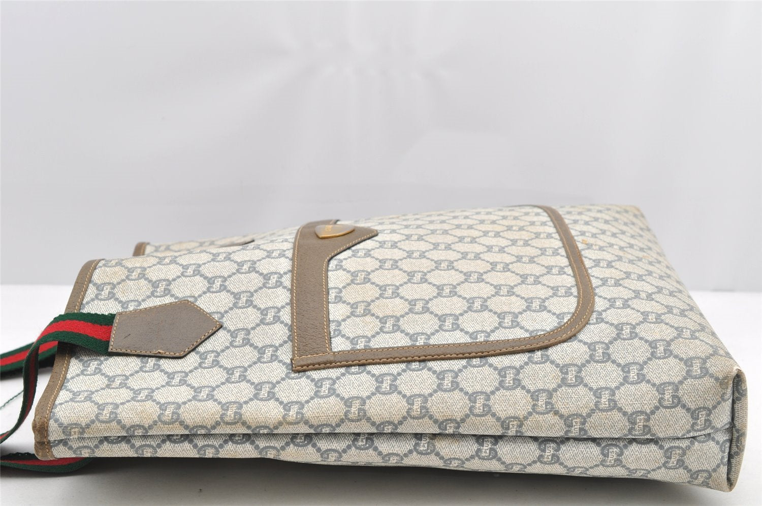 Authentic GUCCI Web Sherry Line GG Plus Shoulder Tote Bag PVC Leather Gray 4821I