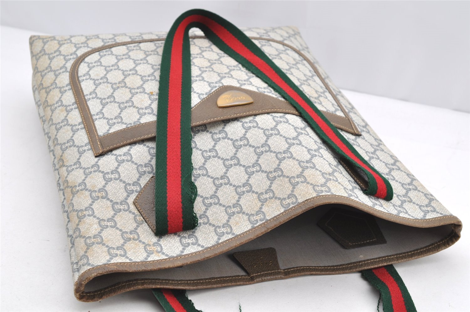 Authentic GUCCI Web Sherry Line GG Plus Shoulder Tote Bag PVC Leather Gray 4821I