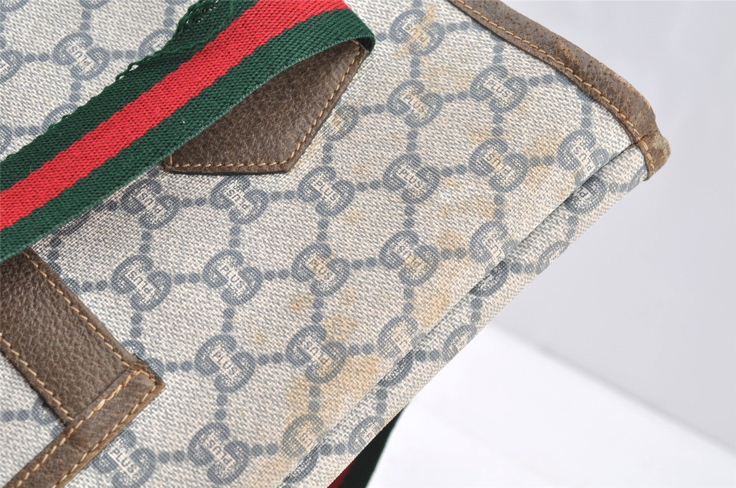 Authentic GUCCI Web Sherry Line GG Plus Shoulder Tote Bag PVC Leather Gray 4821I