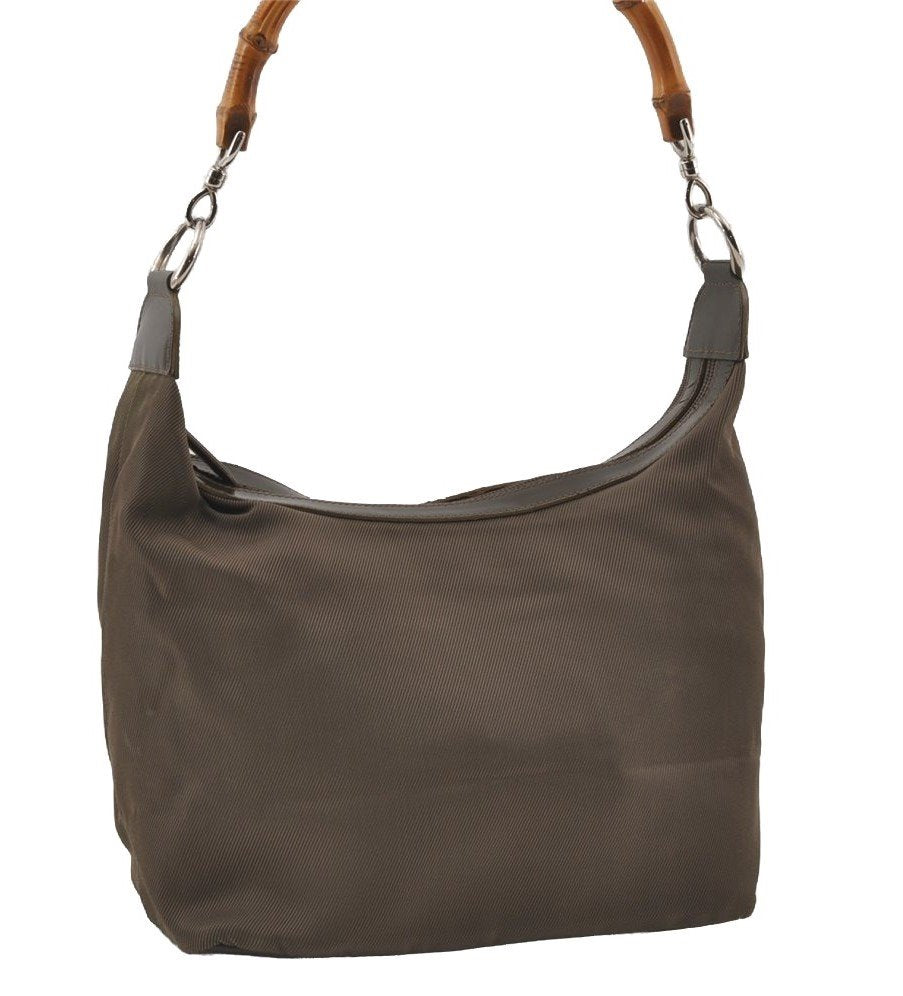 Authentic GUCCI Bamboo Shoulder Hand Bag Purse Nylon Leather Khaki Green 4825I