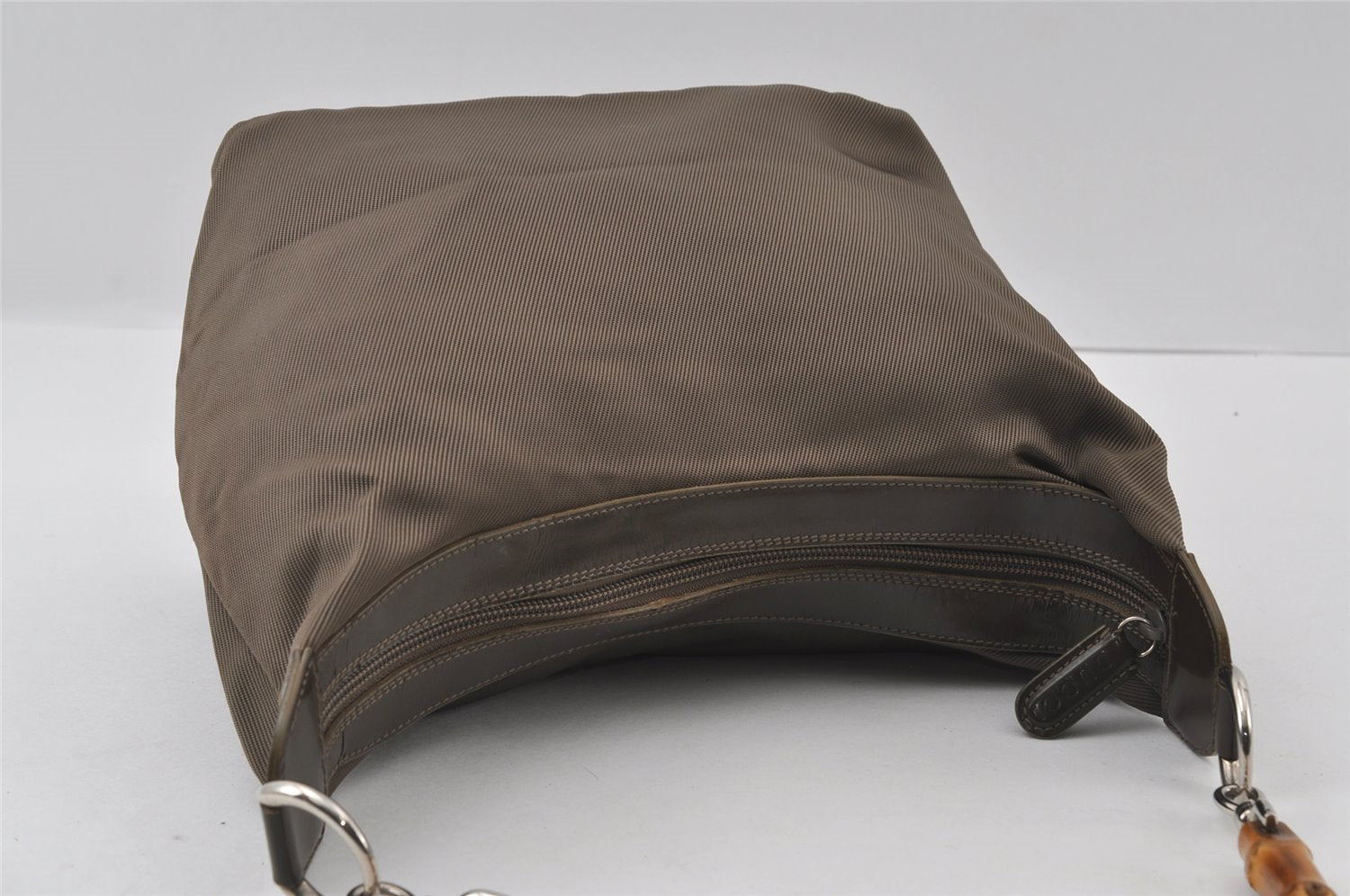 Authentic GUCCI Bamboo Shoulder Hand Bag Purse Nylon Leather Khaki Green 4825I