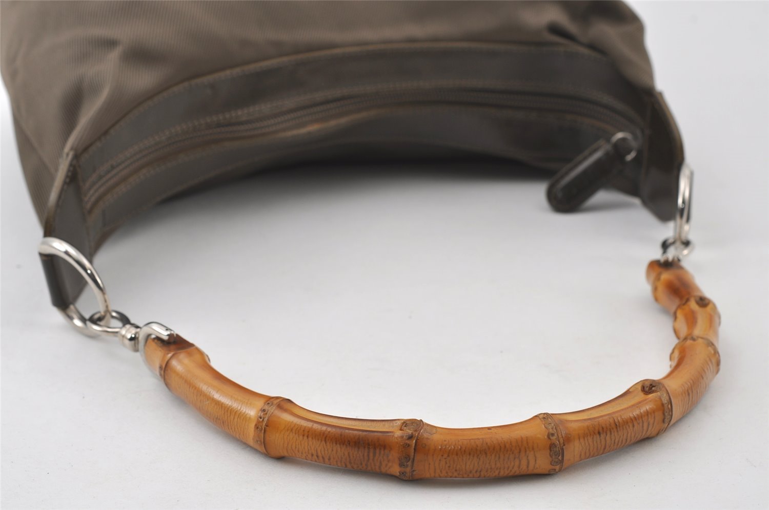 Authentic GUCCI Bamboo Shoulder Hand Bag Purse Nylon Leather Khaki Green 4825I