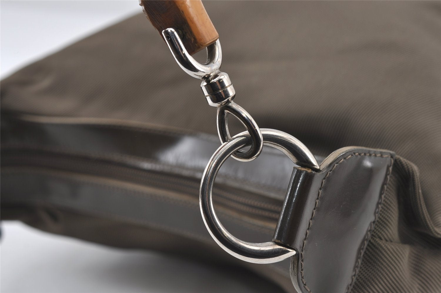 Authentic GUCCI Bamboo Shoulder Hand Bag Purse Nylon Leather Khaki Green 4825I