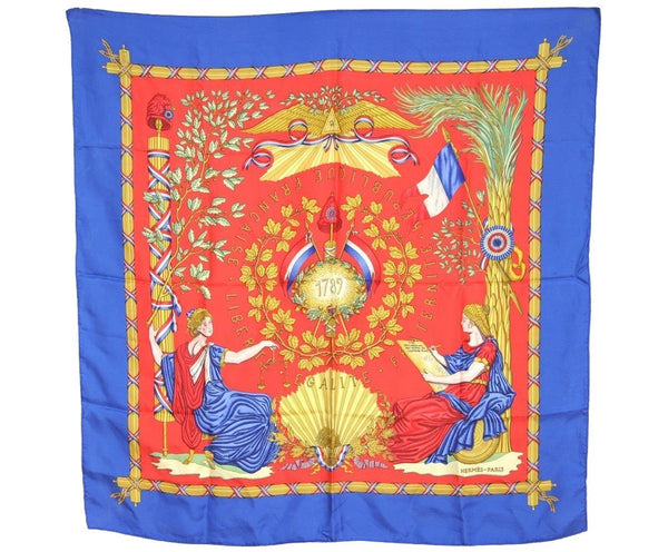 Authentic HERMES Carre 90 Scarf "1789 LIBERTE EGALITE" Silk Blue 4838I