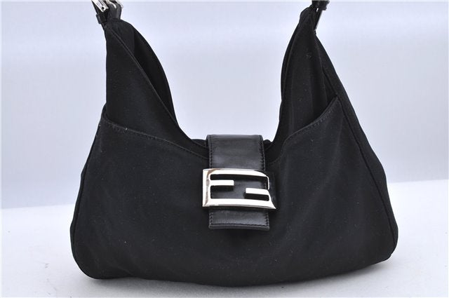 Authentic FENDI Mamma Baguette Shoulder Hand Bag Jersey Leather Black 4841B