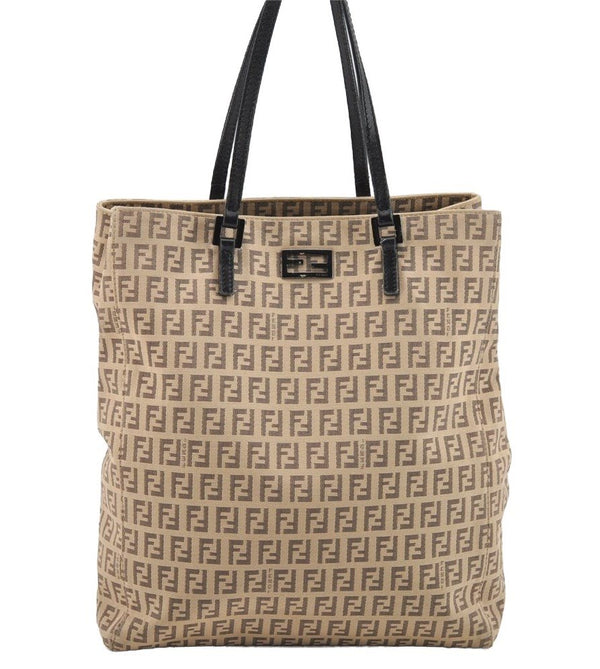Authentic FENDI Vintage Zucchino Hand Bag Canvas Leather Beige 4841I