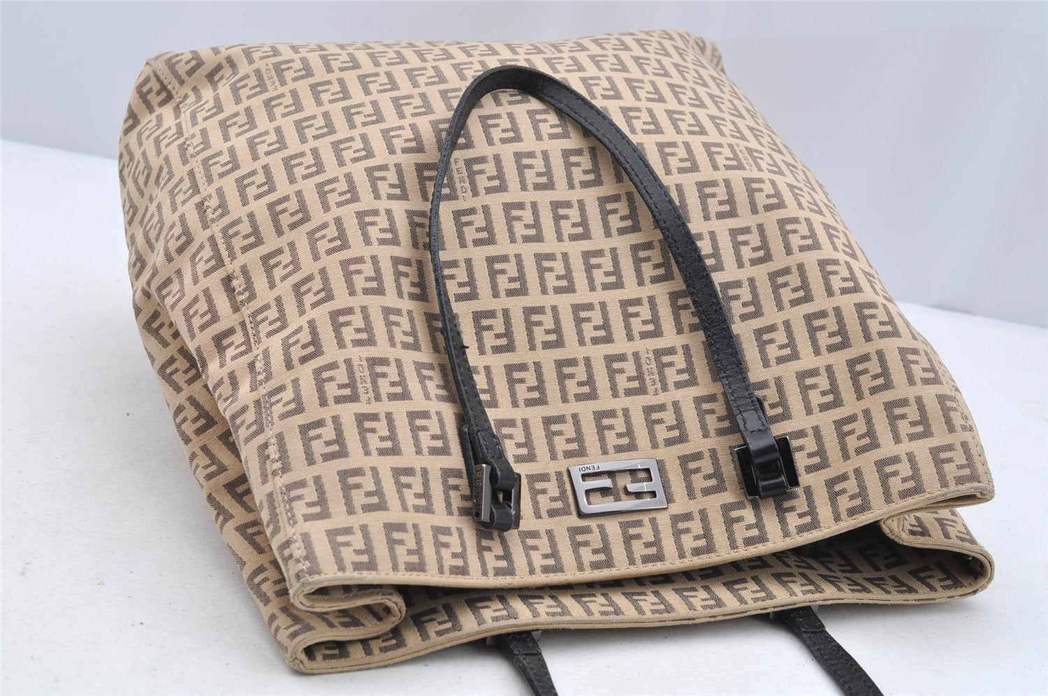 Authentic FENDI Vintage Zucchino Hand Bag Canvas Leather Beige 4841I