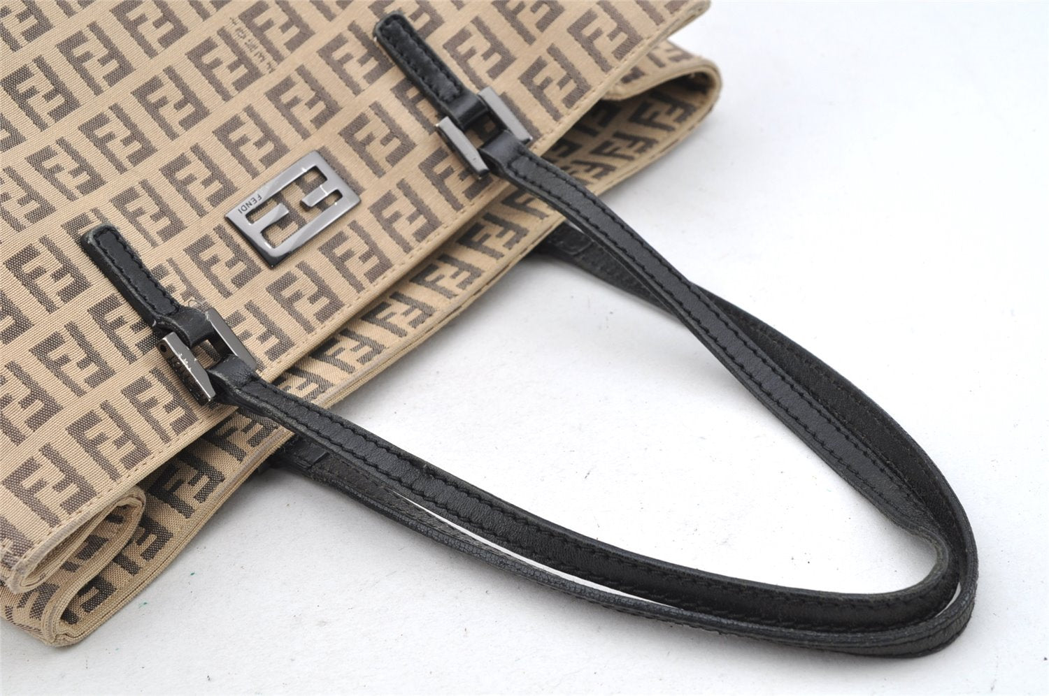 Authentic FENDI Vintage Zucchino Hand Bag Canvas Leather Beige 4841I