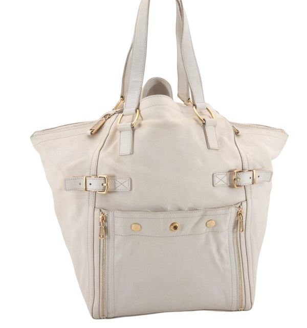 Authentic YVES SAINT LAURENT Downtown Shoulder Tote Bag Leather Ivory 4843D