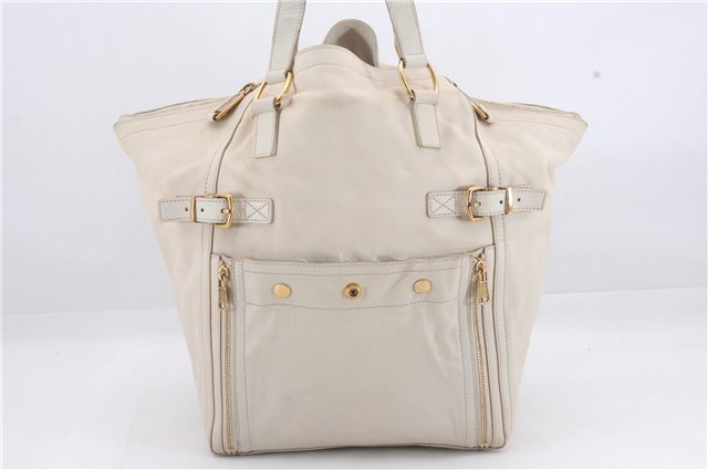 Authentic YVES SAINT LAURENT Downtown Shoulder Tote Bag Leather Ivory 4843D