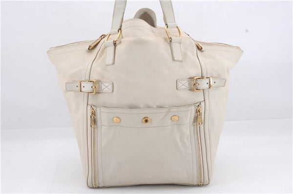 Authentic YVES SAINT LAURENT Downtown Shoulder Tote Bag Leather Ivory 4843D