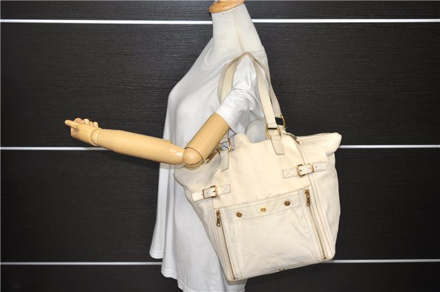 Authentic YVES SAINT LAURENT Downtown Shoulder Tote Bag Leather Ivory 4843D