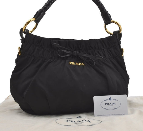 Authentic PRADA TESSUTO BOW Ribbon Nylon Leather Hand Bag BR4237 Black 4846I