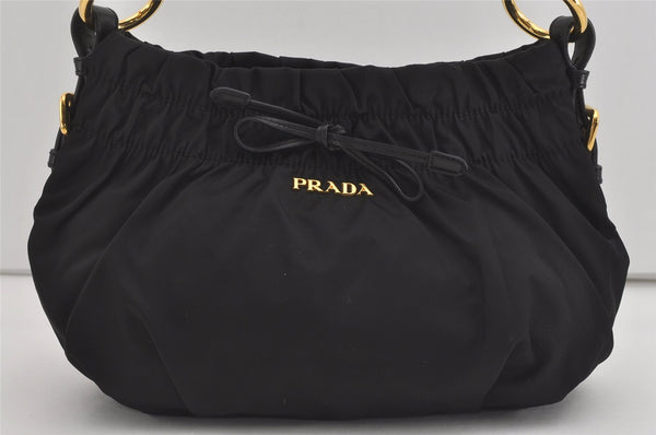 Authentic PRADA TESSUTO BOW Ribbon Nylon Leather Hand Bag BR4237 Black 4846I