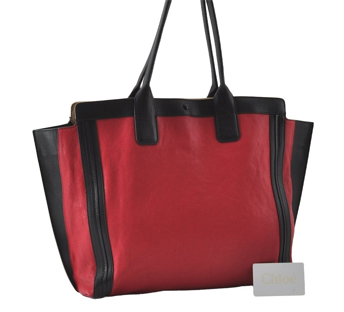 Authentic Chloe Alison Vintage Shoulder Hand Tote Bag Leather Red Black 4851I