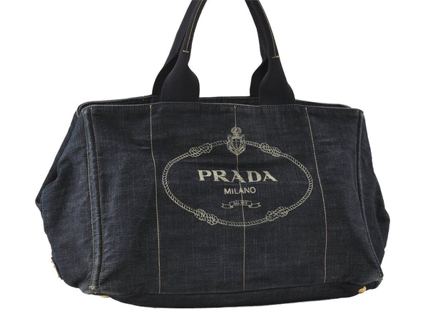 Authentic PRADA Canapa L Vintage Canvas Tote Hand Bag Denim Blue 4852I