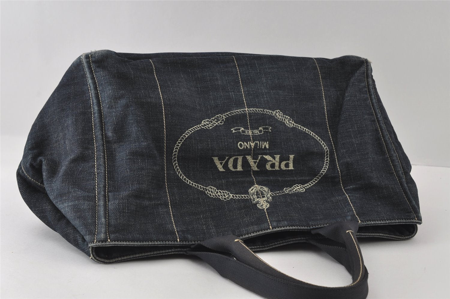 Authentic PRADA Canapa L Vintage Canvas Tote Hand Bag Denim Blue 4852I