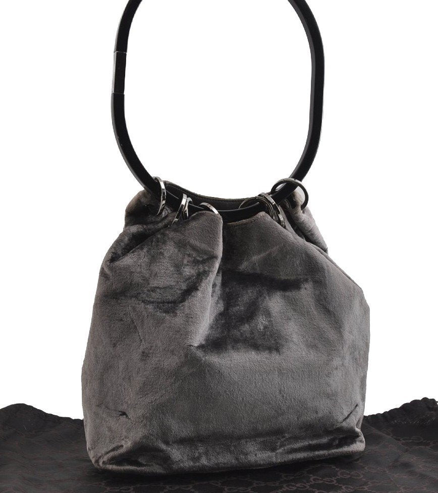 Authentic GUCCI Vintage Plastic Shoulder Hand Bag Velour 0013750 Gray 4853I