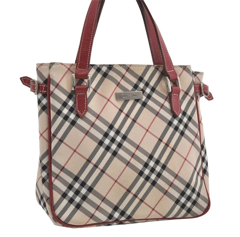 Authentic BURBERRY BLUE LABEL Check Hand Tote Bag Nylon Leather Beige 4868I