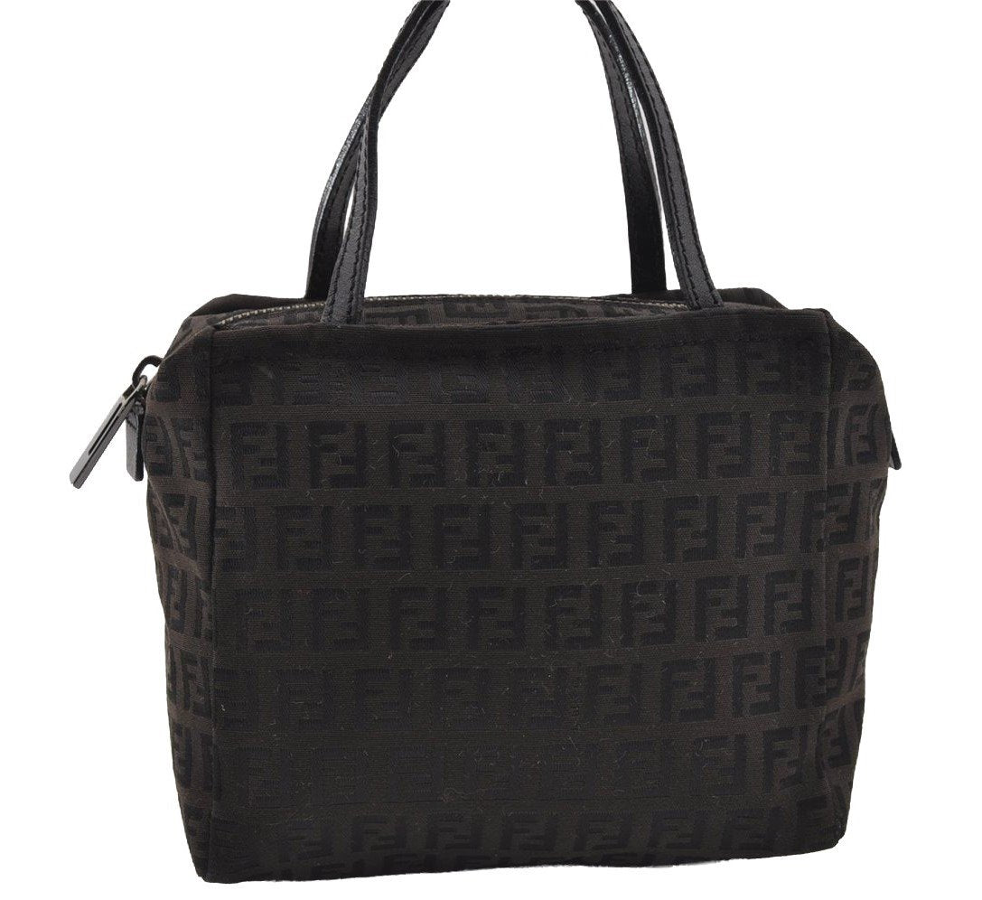 Authentic FENDI Vintage Zucchino Hand Bag Purse Canvas Leather Brown 4873I