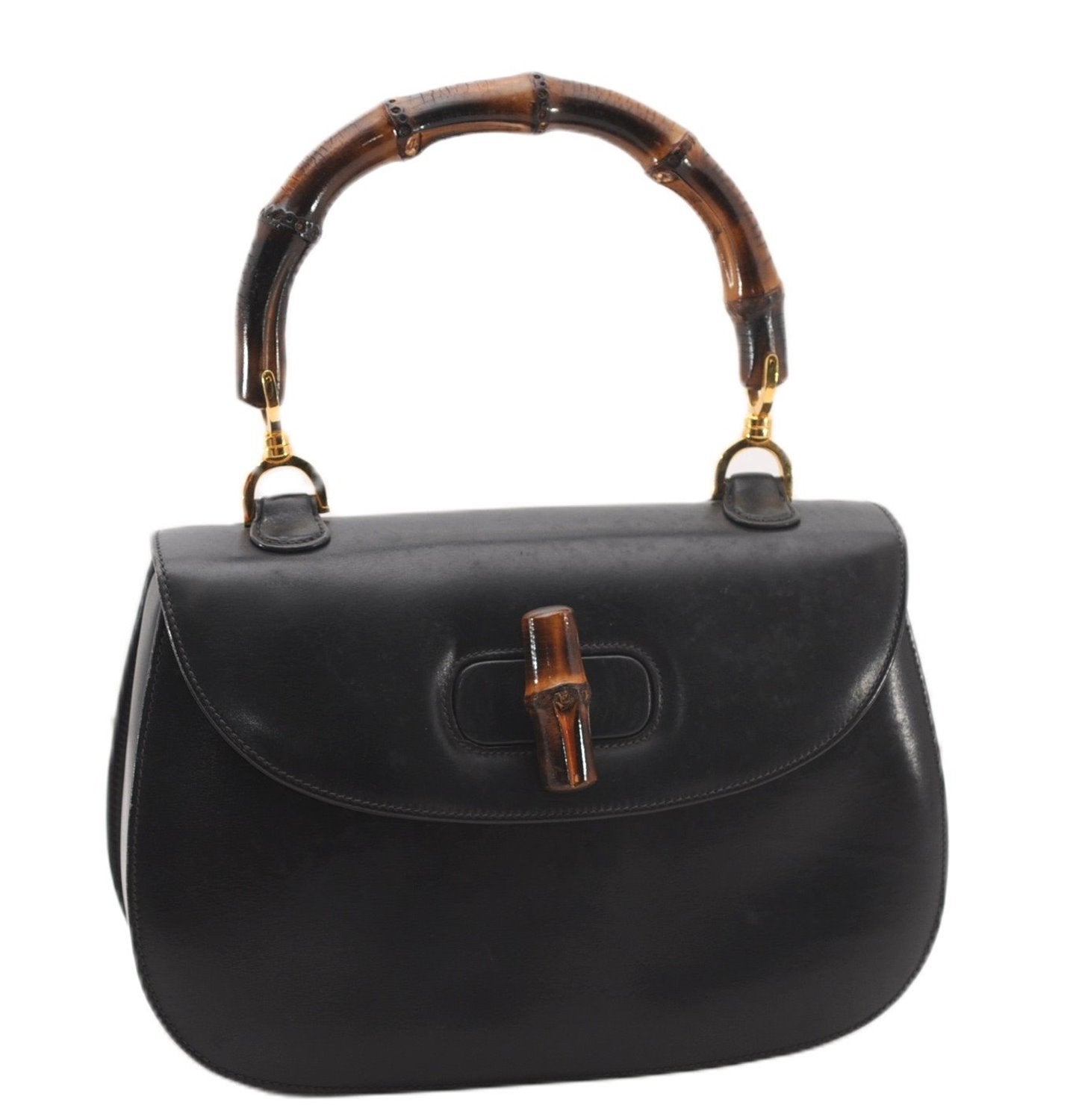 Authentic GUCCI Vintage Bamboo Shoulder Hand Bag Purse Leather Navy Blue 4875F