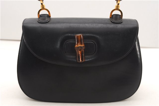 Authentic GUCCI Vintage Bamboo Shoulder Hand Bag Purse Leather Navy Blue 4875F