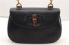Authentic GUCCI Vintage Bamboo Shoulder Hand Bag Purse Leather Navy Blue 4875F