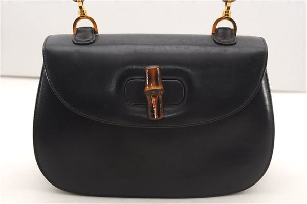 Authentic GUCCI Vintage Bamboo Shoulder Hand Bag Purse Leather Navy Blue 4875F