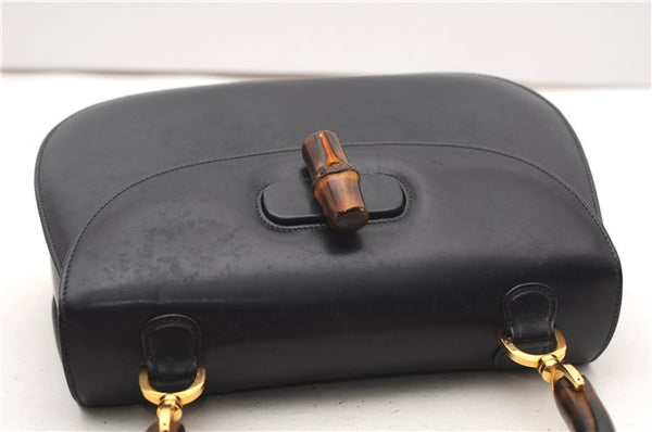 Authentic GUCCI Vintage Bamboo Shoulder Hand Bag Purse Leather Navy Blue 4875F