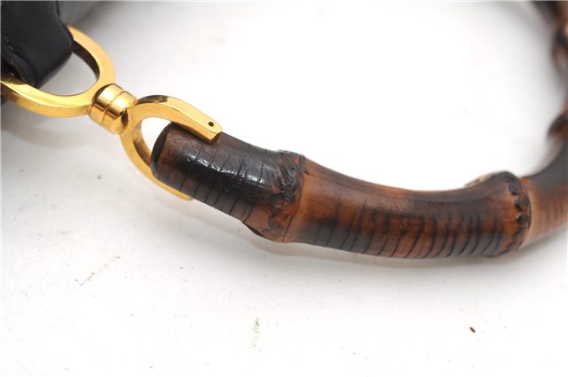 Authentic GUCCI Vintage Bamboo Shoulder Hand Bag Purse Leather Navy Blue 4875F