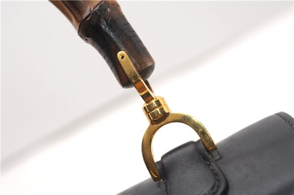 Authentic GUCCI Vintage Bamboo Shoulder Hand Bag Purse Leather Navy Blue 4875F
