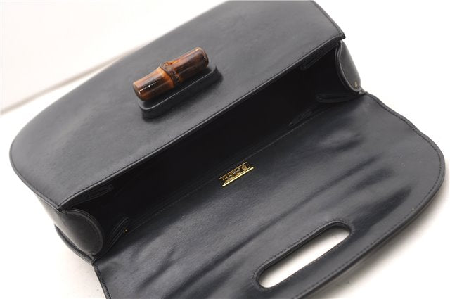 Authentic GUCCI Vintage Bamboo Shoulder Hand Bag Purse Leather Navy Blue 4875F