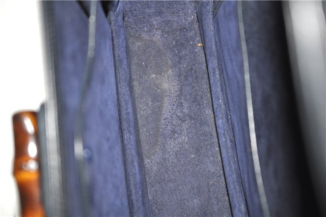 Authentic GUCCI Vintage Bamboo Shoulder Hand Bag Purse Leather Navy Blue 4875F