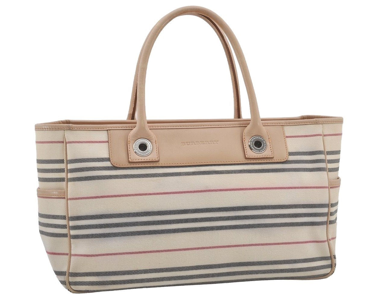 Authentic BURBERRY Stripe Canvas Leather Shoulder Hand Tote Bag White 4883I