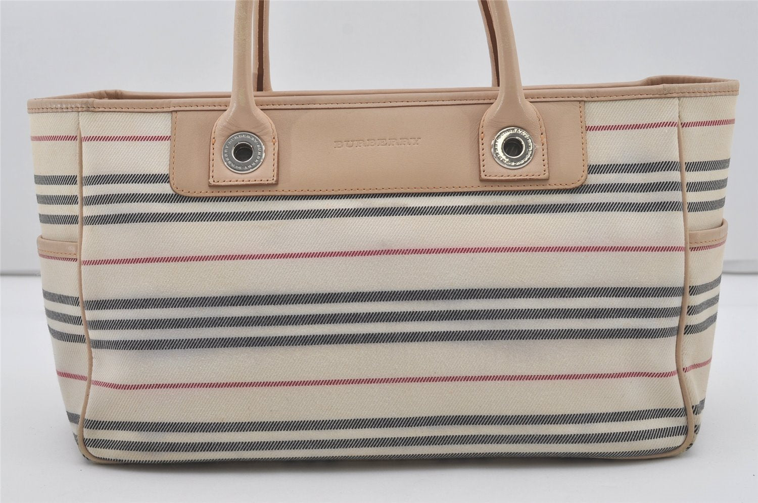 Authentic BURBERRY Stripe Canvas Leather Shoulder Hand Tote Bag White 4883I