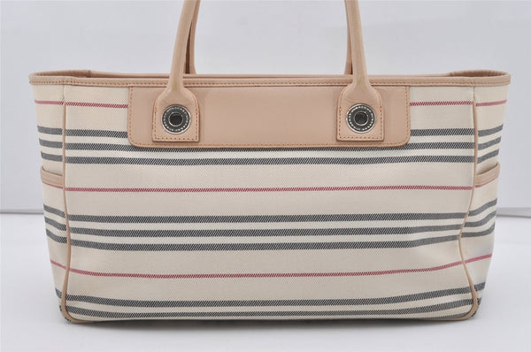 Authentic BURBERRY Stripe Canvas Leather Shoulder Hand Tote Bag White 4883I