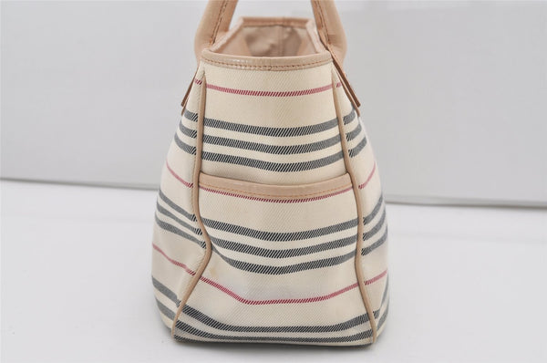 Authentic BURBERRY Stripe Canvas Leather Shoulder Hand Tote Bag White 4883I