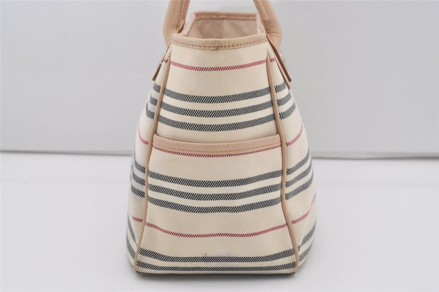 Authentic BURBERRY Stripe Canvas Leather Shoulder Hand Tote Bag White 4883I