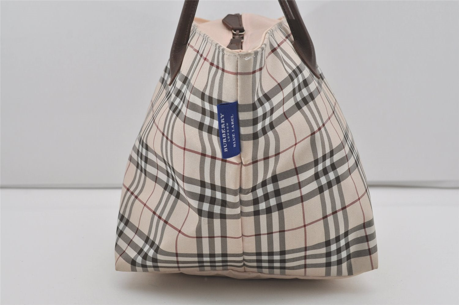 Authentic BURBERRY BLUE LABEL Check Hand Tote Bag Nylon Leather White 4885I