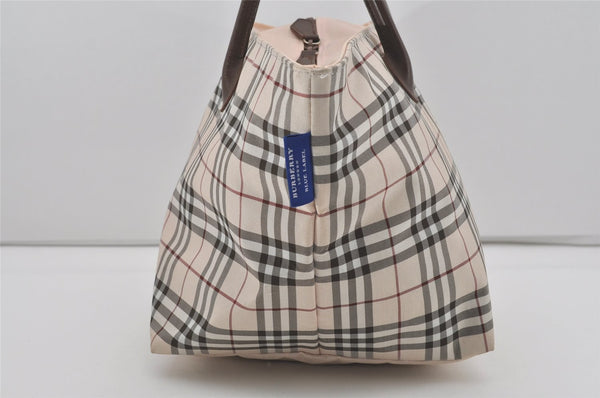 Authentic BURBERRY BLUE LABEL Check Hand Tote Bag Nylon Leather White 4885I