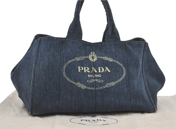 Authentic PRADA Canapa L Vintage Tote Hand Bag Denim Blue 4889I