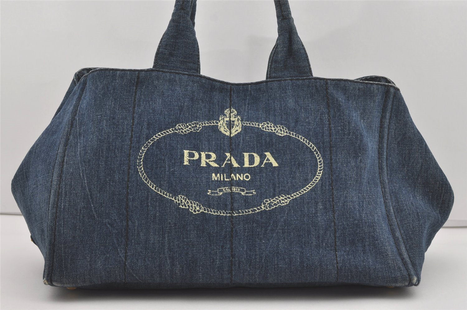 Authentic PRADA Canapa L Vintage Tote Hand Bag Denim Blue 4889I