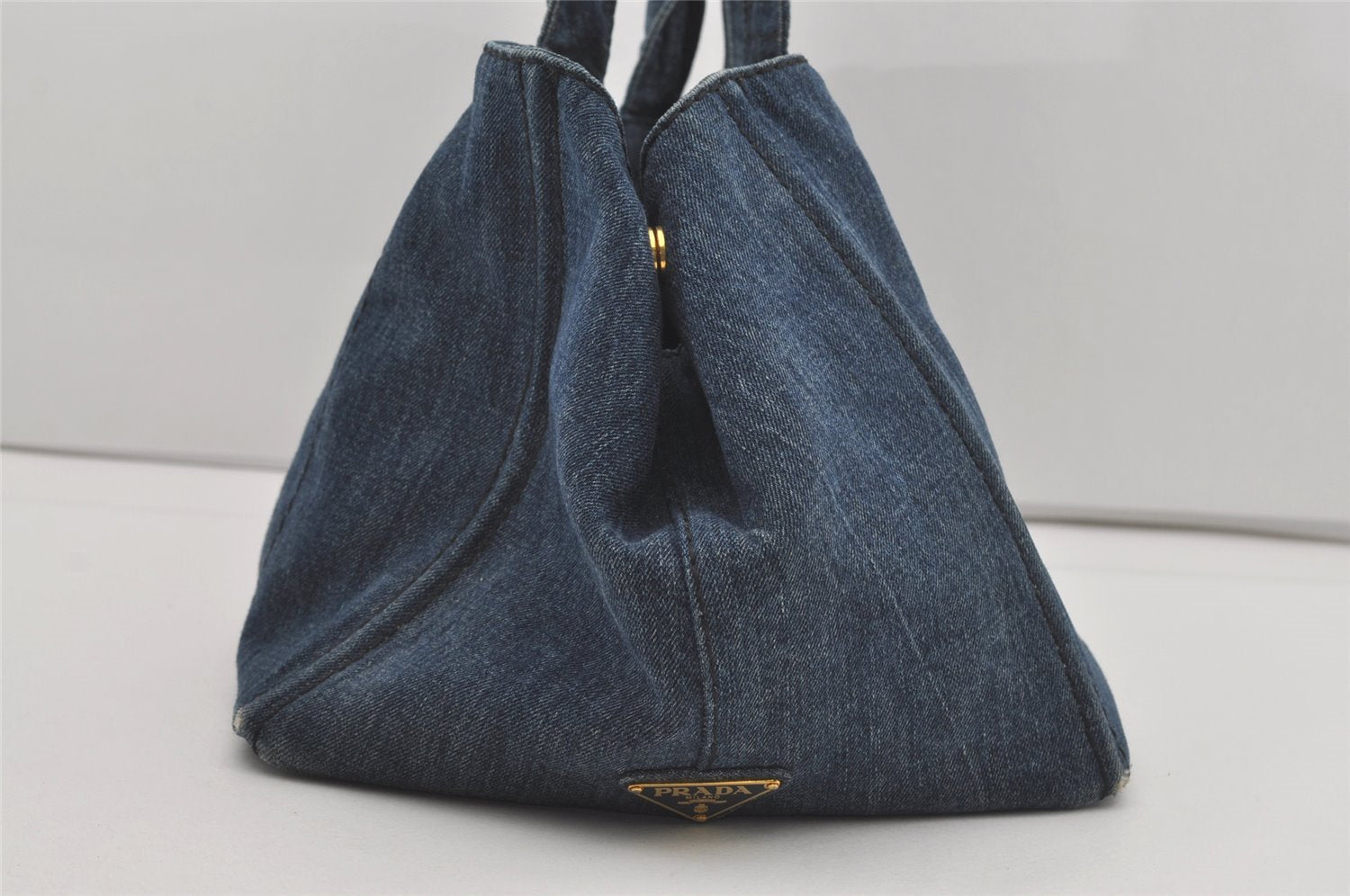 Authentic PRADA Canapa L Vintage Tote Hand Bag Denim Blue 4889I